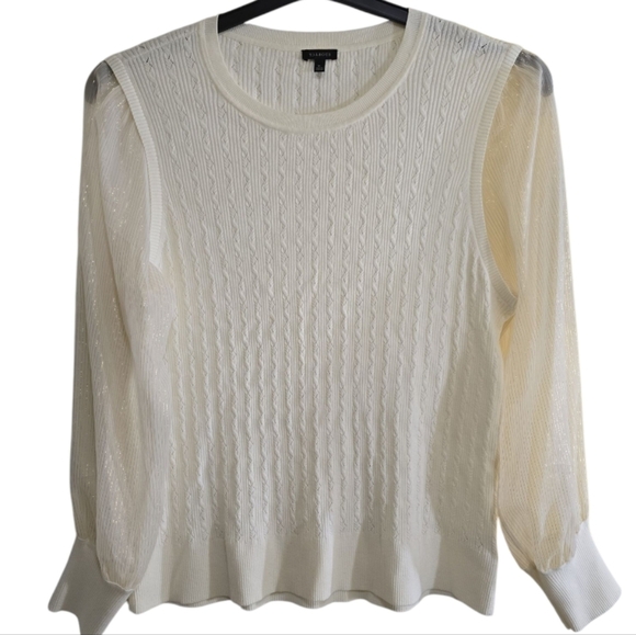 Talbots Lightweight Cream Cable Knit Sweater Sheer Metallic Striped Sleeves XL - Picture 2 of 8